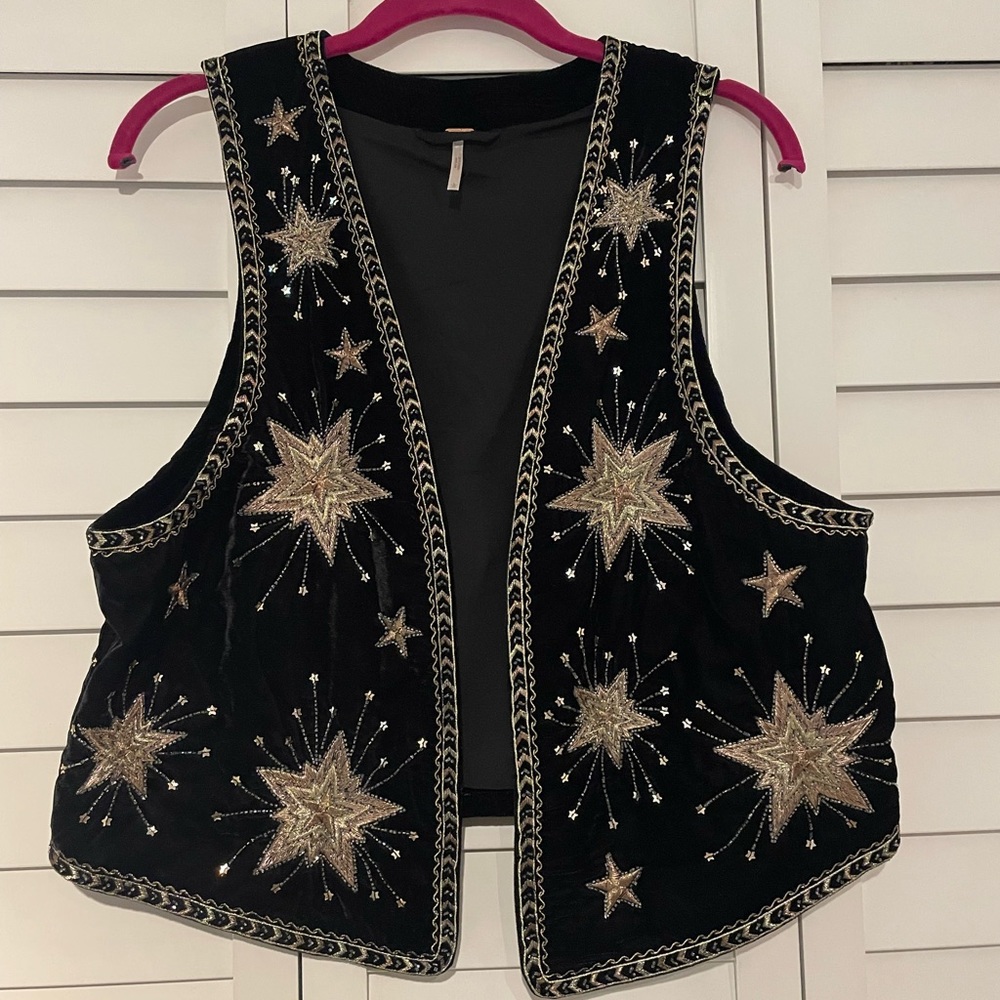 Free People Stargaze Embroidered Metallalic Vest Large